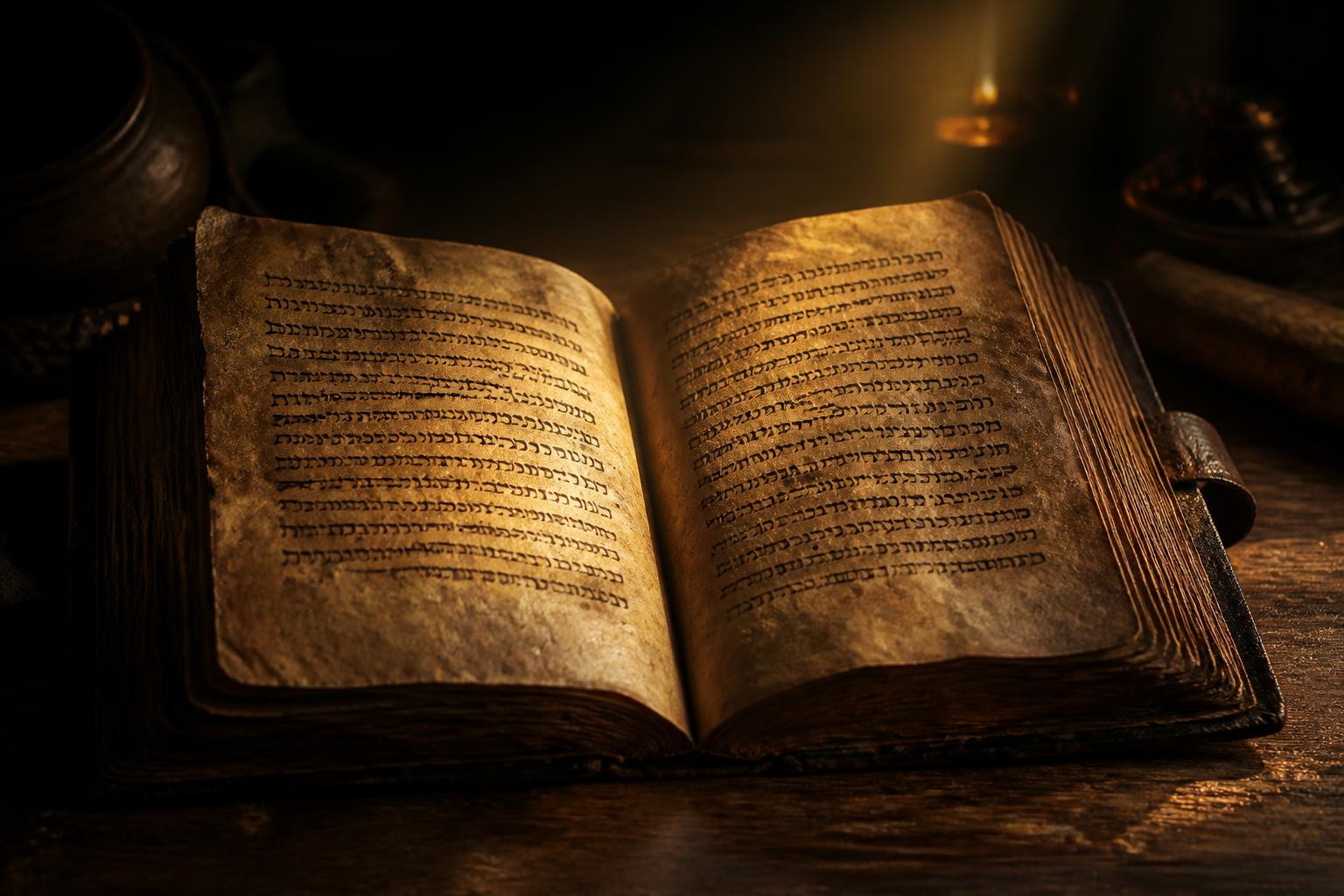 Manuscrito antigo de couro aberto sob luz suave, com escrituras em hebraico/aramaico